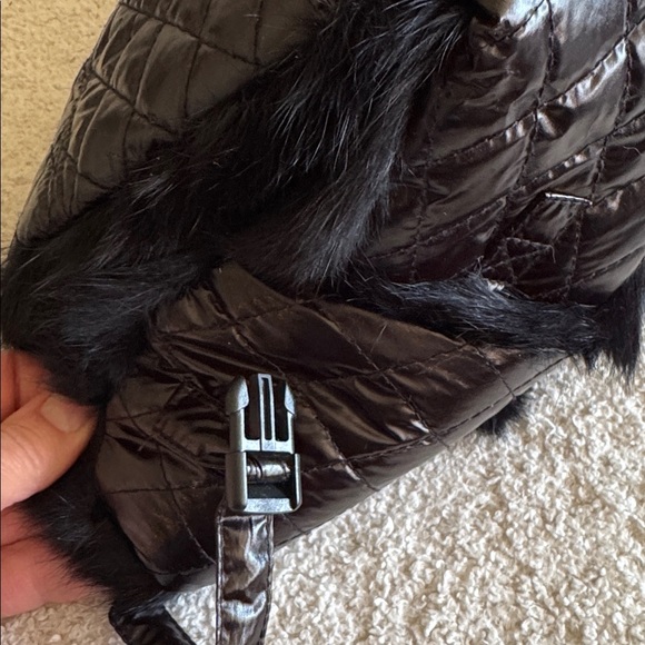 Black rabbit fur trim quilted shiny black satin lined bomber hat. New, no tags. main image 5